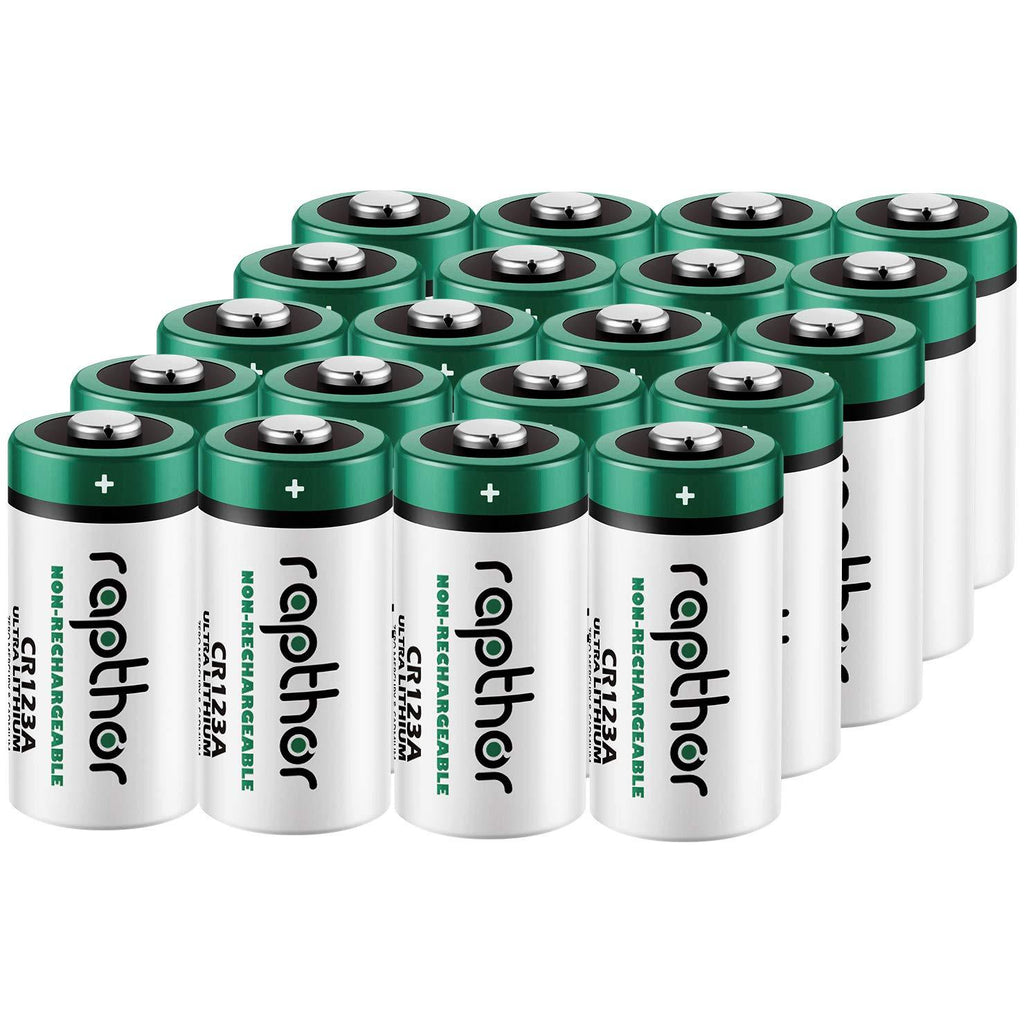 Rapthor CR123A Lithium Batteries 3V 1650mAh, 20 Pack High Power Photo Battery PTC Protected for Cameras Flashlight Alarm Smart Sensors CR123A Batteries (Non-Rechargeable, Not for Arlo) (Pack of 20) Pack of 20