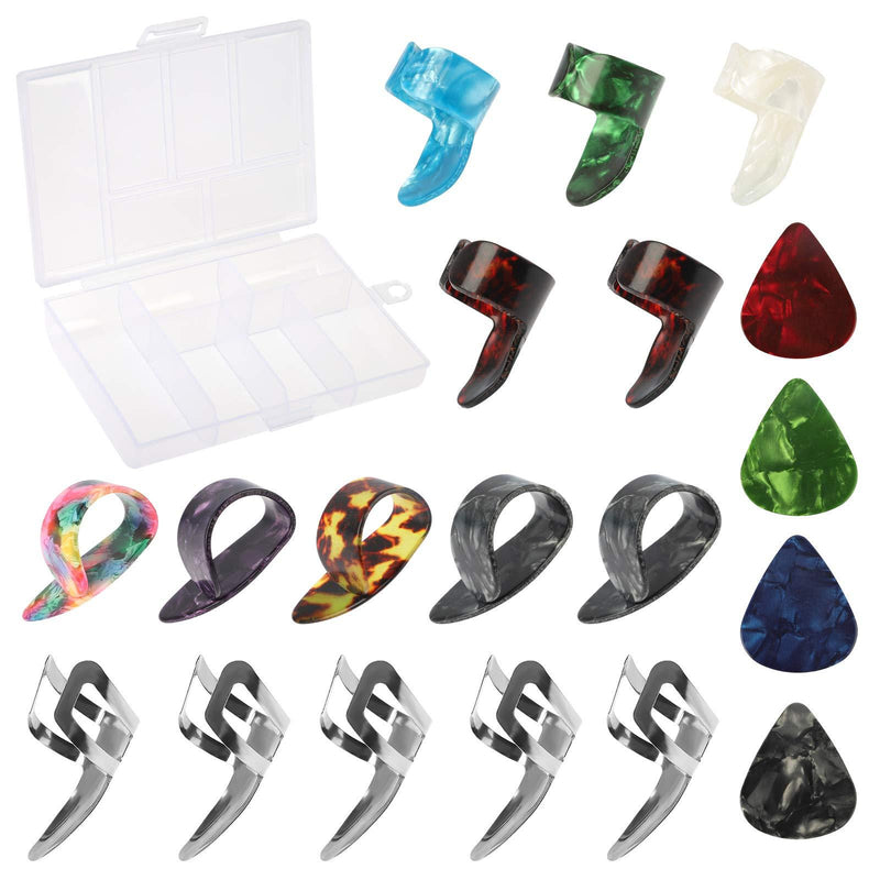 19 Pcs Guitar Thumb Finger Picks and Celluloid Picks with Storage Box, Adjustable Stainless Steel Fingertips Protector Plectrum Kits for Acoustic Guitar Banjo Bass Ukulele