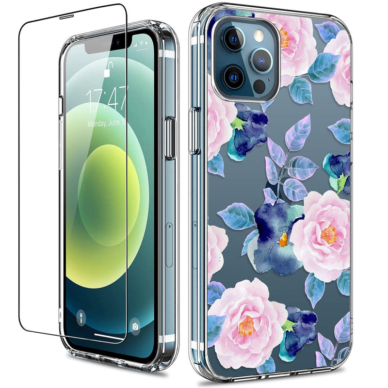 GiiKa for iPhone 12 Pro Max Case with Screen Protector, Clear Full Body Shockproof Protective Floral Girls Women Hard Case with TPU Bumper Cover Phone Case for iPhone 12 Pro Max, Pink Blue Flowers Pink Blue / Pink