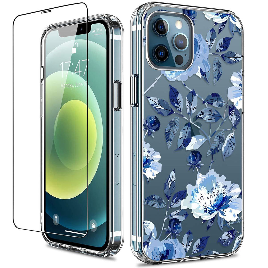 GiiKa for iPhone 12 Pro Max Case with Screen Protector, Clear Full Body Shockproof Protective Floral Girls Women Hard Case with TPU Bumper Cover Phone Case for iPhone 12 Pro Max, Blue Flowers Blue Flowers / Blue