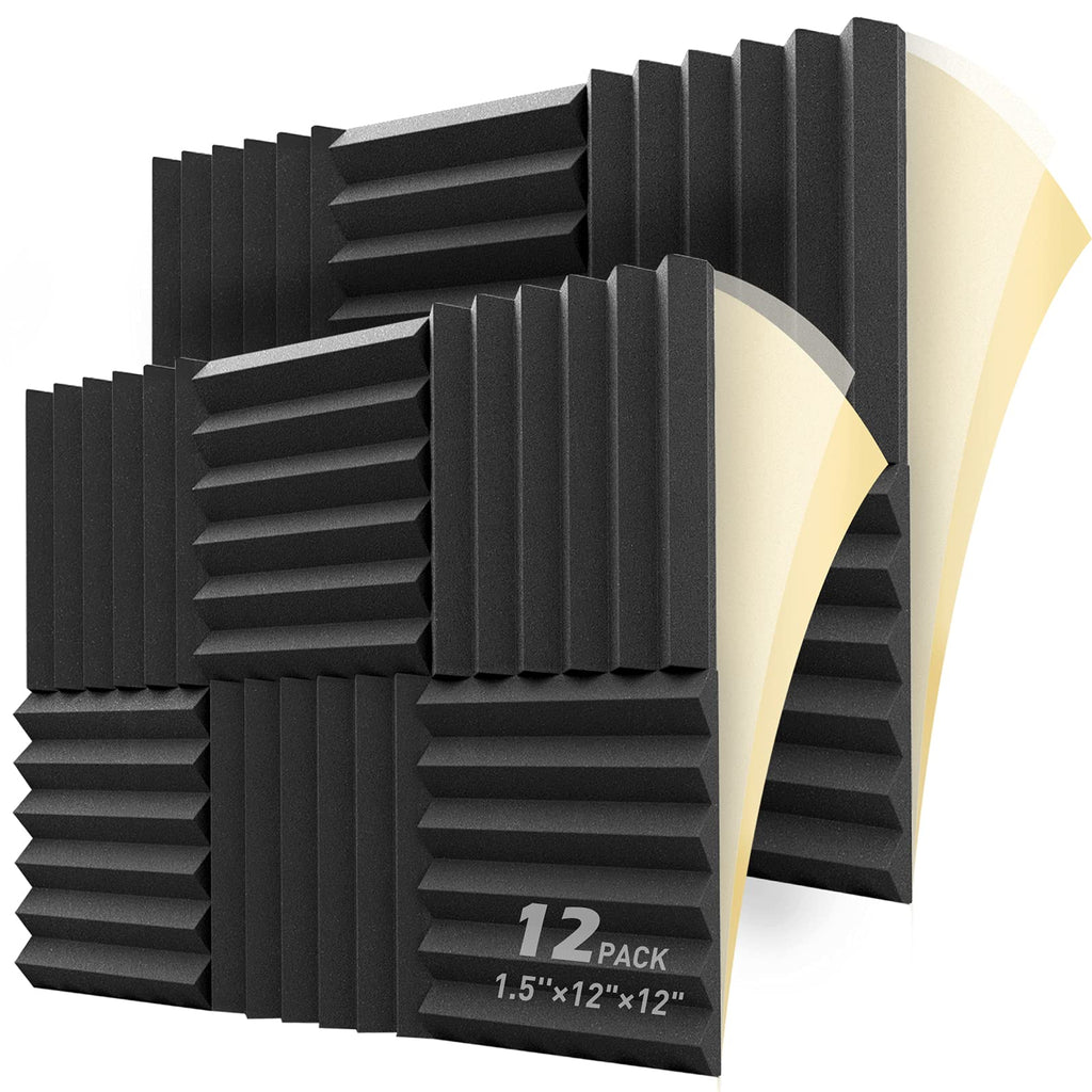 HEMRLY 12 Pack Sound Proof Foam Panels Self-Adhesive, 1.5" X 12" X 12" Acoustic Foam Soundproof Wall Panels, High Density Acoustic Foam Panels for Home Studio Ceiling Black