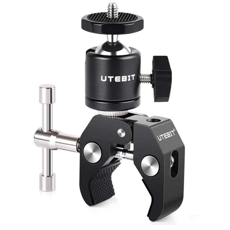 UTEBIT Super Clamp Mount with Ball Head Hot Shoe Adapter Aluminum Alloy Ballhead Arm Articulating Camera Clamp with 3/8" & 1/4" Screw for Flash Light, Tripod,LED Lights,Gopro,LCD Monitor Clamp+Ball Head