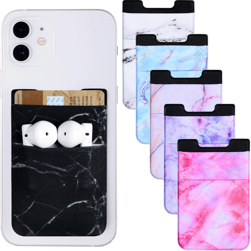 6 Pieces Phone Card Pocket Holder Stretchy Spandex Wallet Pocket Marble Pattern Double Pouch Credit Card ID Case Pouch Sleeve Adhesive Sticker Phone Wallet Pocket for Most Smartphones