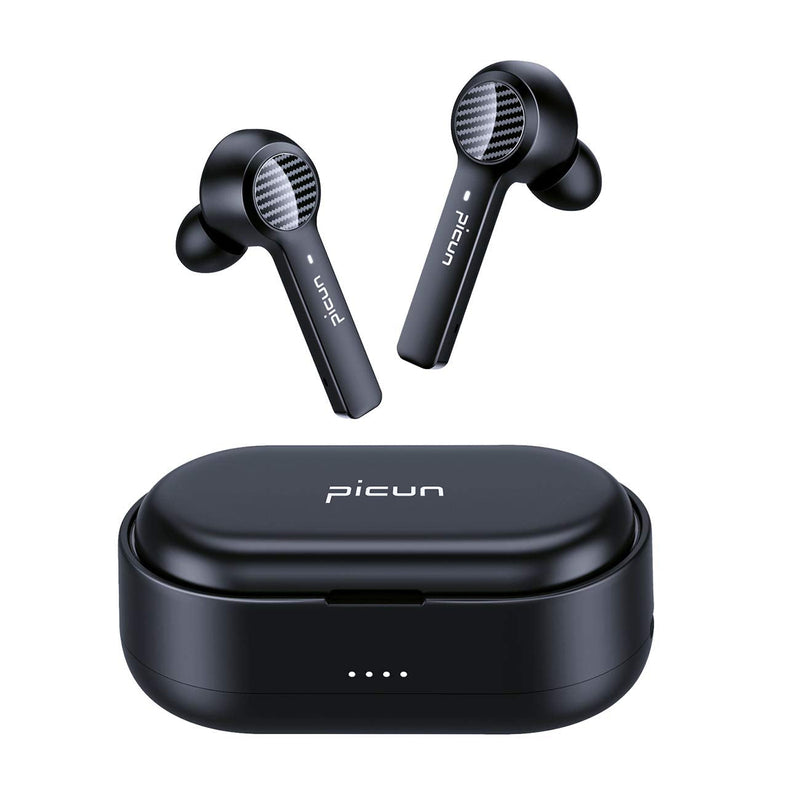 100 Hours Playtime Picun True Wireless Earbuds, HiFi Premium Bass Bluetooth V5.0+EDR Headphones w/HD Mic, IPX7 Waterproof Earphones, USB-C, Twin/Mono Mode for Sports Gym Work Gift - Black