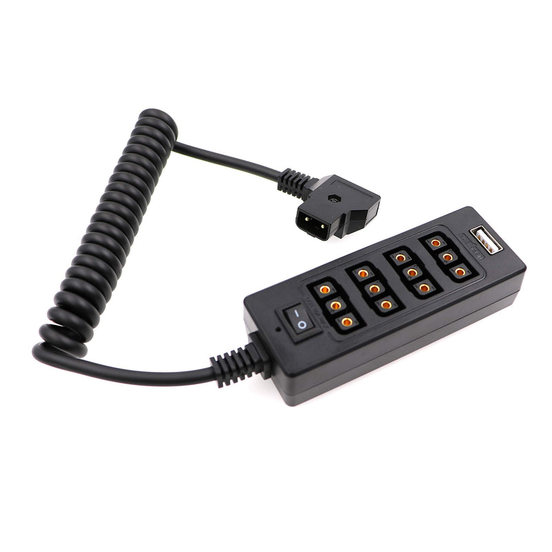 AConnect D-Tap Male to 4-Port D-Tap Female Coiled Splitter Cable for V-Mount Battery with Switch Button/USB Port/8V 12V DC Port for Photography Power Multifunctional