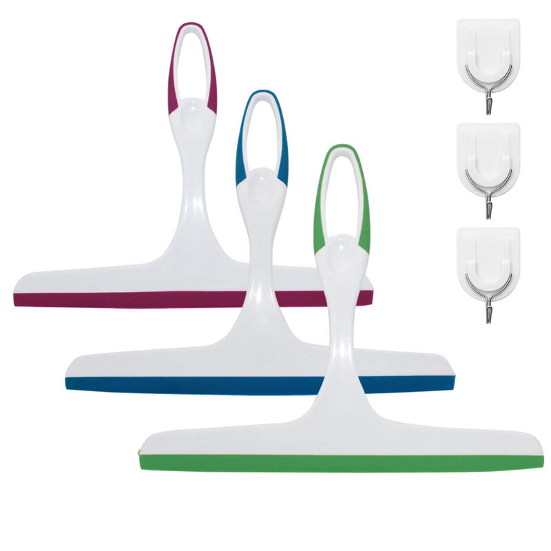 3 Packs Squeegee for Shower, Rubber Glass Shower Door Squeegee with 3 Shower Hooks, Shower Squeegee with Hanging Hole Squeegee Fit for Shower, Glass Door, Car Windows, Multifunctional Squeegee Tool 3 Packs+3 Hooks