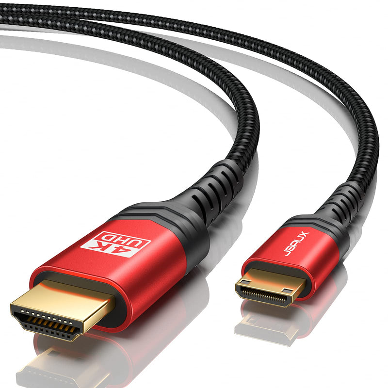 Mini HDMI to HDMI Cable 10FT, JSAUX [Aluminum Shell, Braided] High Speed 4K 60Hz HDMI 2.0 Cord, Compatible with Camera, Camcorder, Tablet and Graphics/Video Card, Laptop, Raspberry Pi Zero W -Red Red