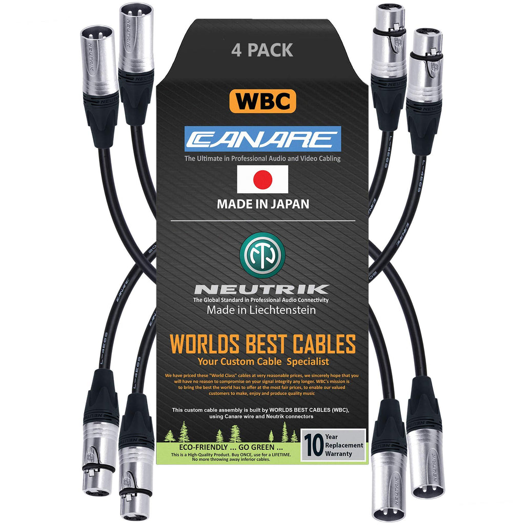 4 Units - 6 Inch – Quad Balanced Microphone Cable Custom Made by WORLDS BEST CABLES – Using Canare L-4E6S Wire and Neutrik Silver NC3MXX Male & NC3FXX Female XLR Plugs