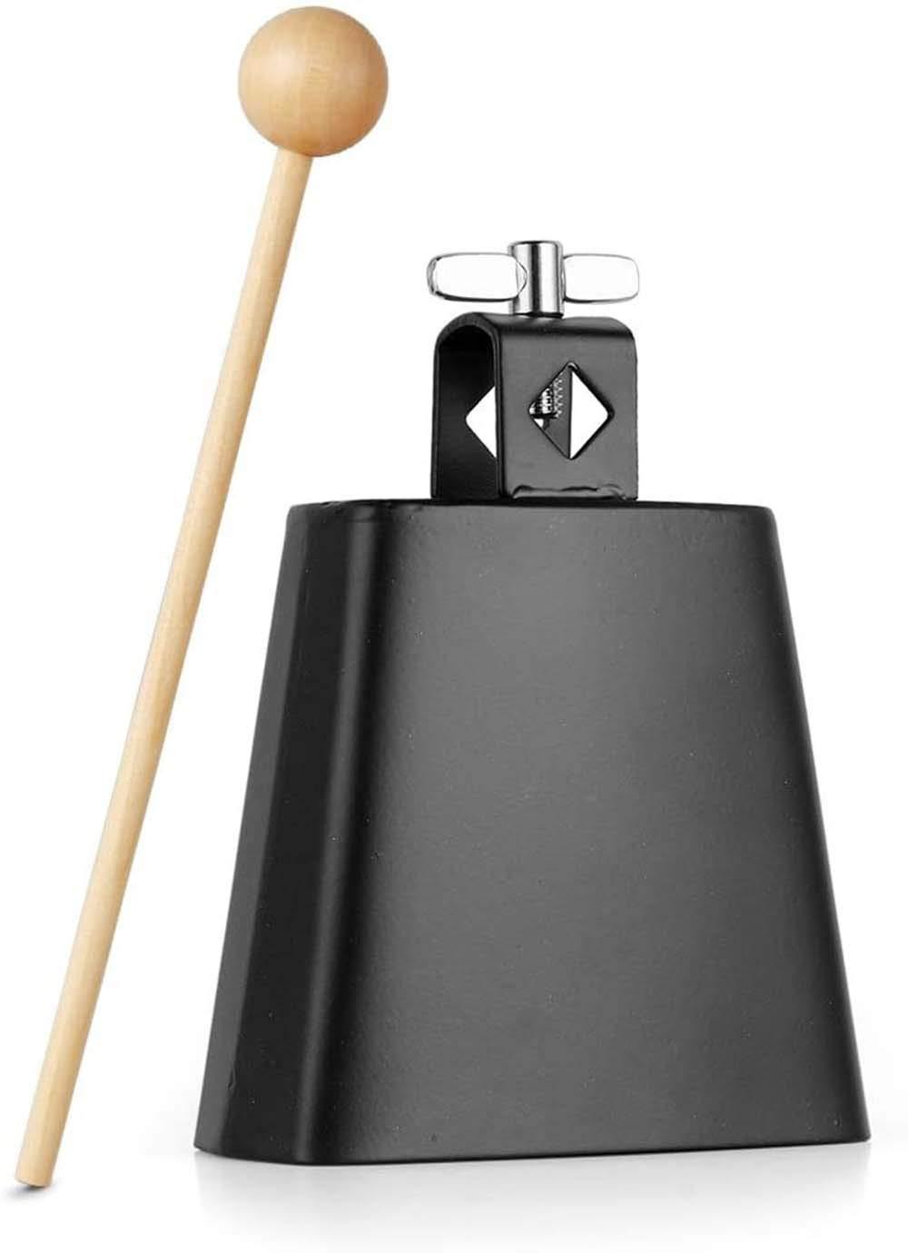 (Black) 4 Inch Metal Steel Cow Bell Noise Maker, percussion instrument with handle stick, for drum set kit percussion Black