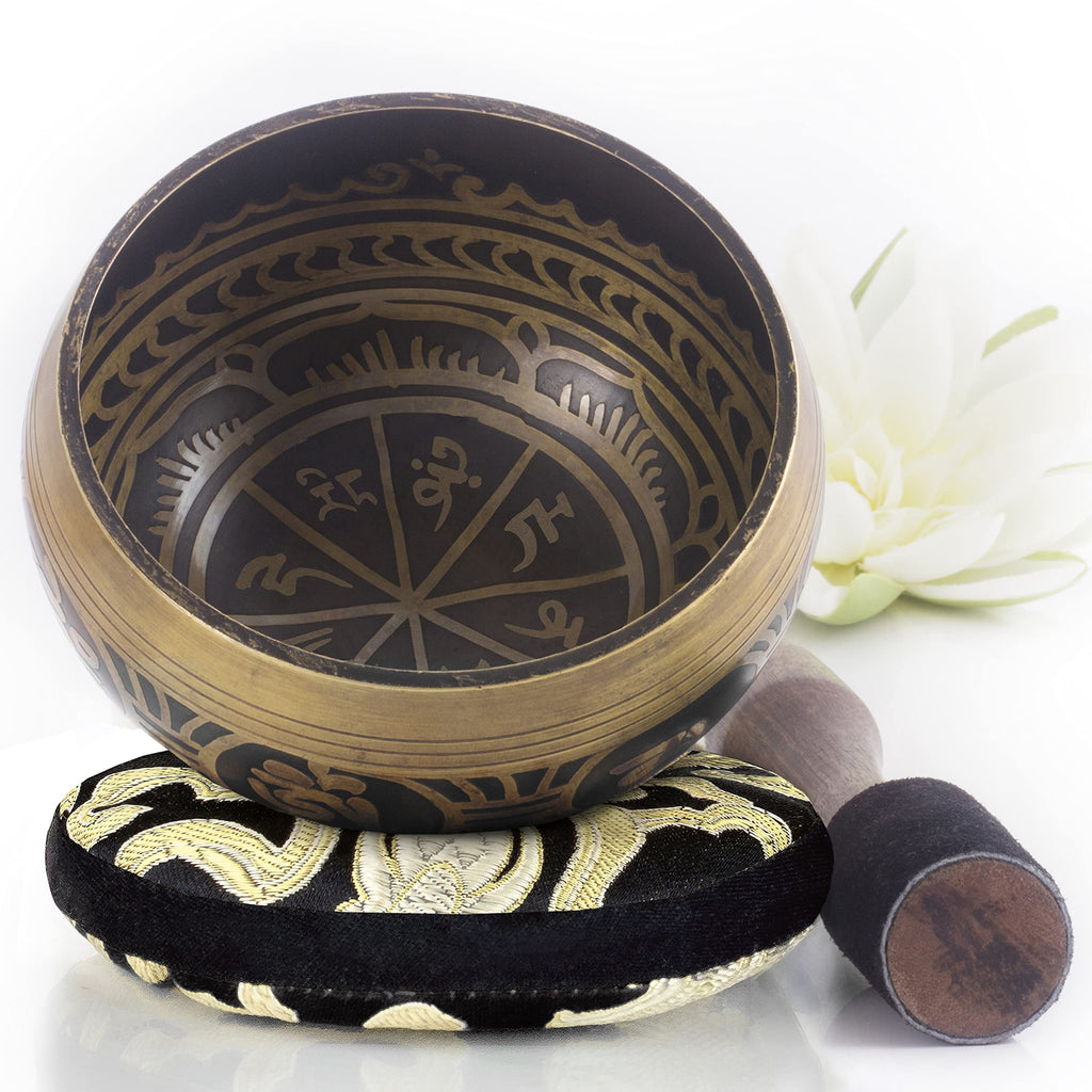 Tibetan Singing Bowl Set — Easy to Play ~ Creates Beautiful Sound for Holistic Healing, Stress Relief, Meditation & Relaxation ~ Gratitude Pattern~ Antique Dark Brown Bowl, Black Pillow