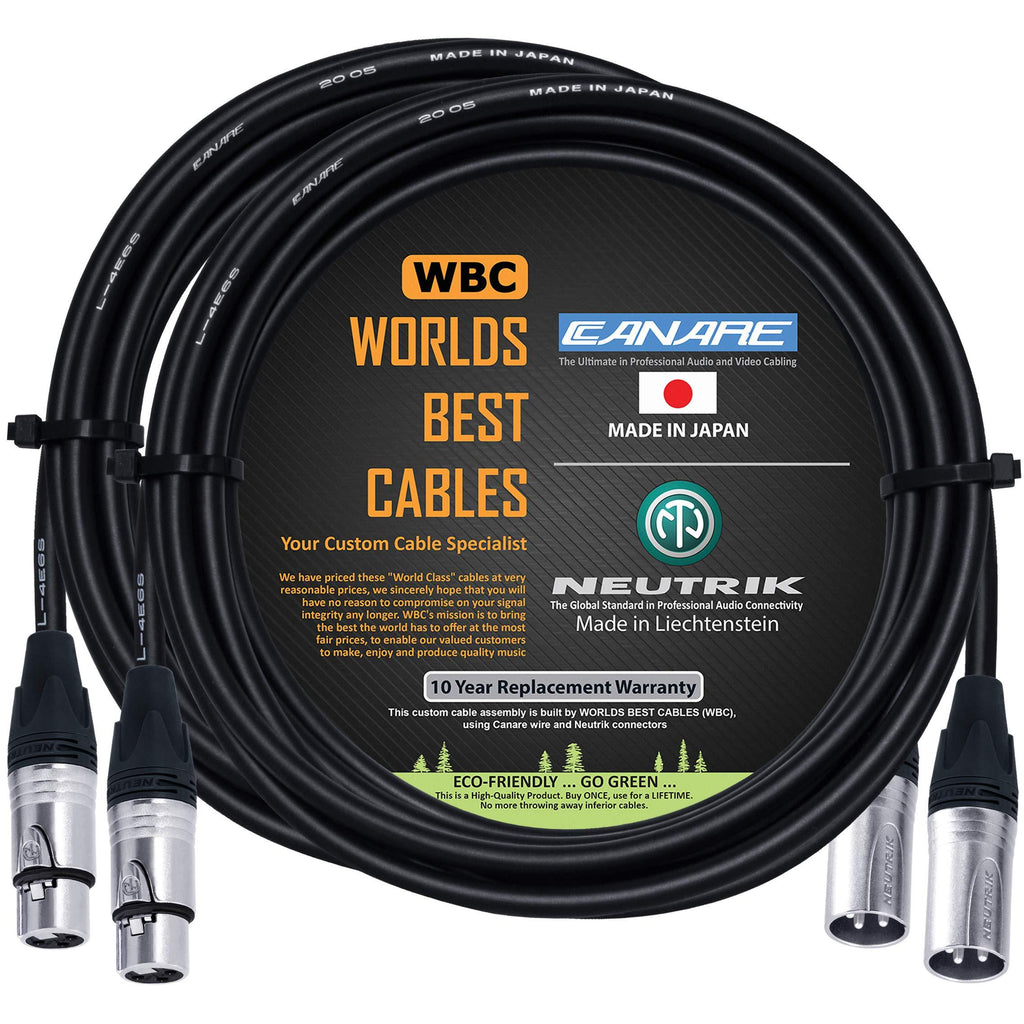 2 Units - 10 Foot – Quad Balanced Microphone Cable Custom Made by WORLDS BEST CABLES – Using Canare L-4E6S Wire and Neutrik Silver NC3MXX Male & NC3FXX Female XLR Plugs