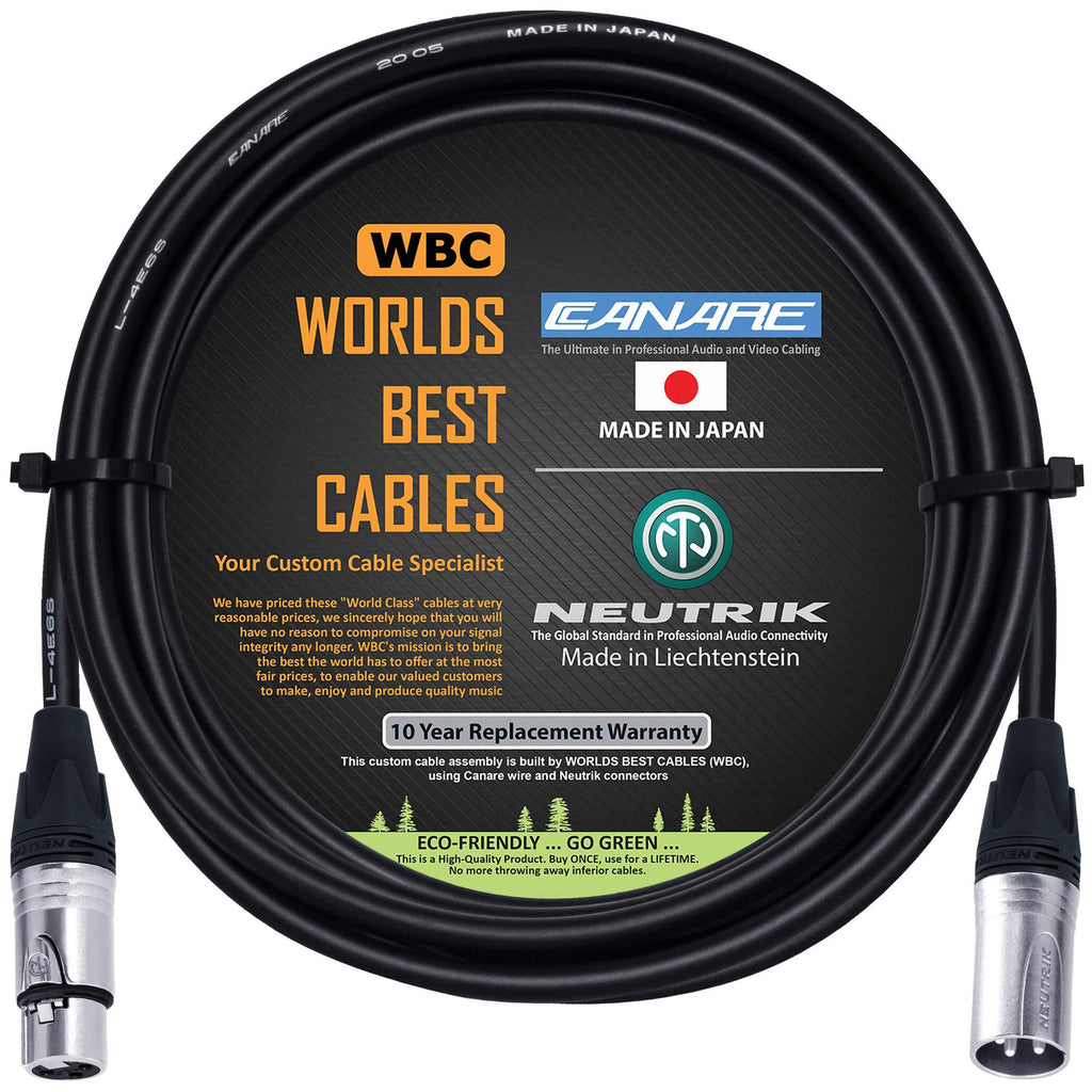 10 Foot – Quad Balanced Microphone Cable Custom Made by WORLDS BEST CABLES – Using Canare L-4E6S Wire and Neutrik Silver NC3MXX Male & NC3FXX Female XLR Plugs