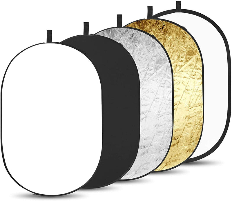 BDDFOTO 24"x35"/60x90cm Reflector Photography 5-in-1, Ellipse Light Reflector Multi-Disc with Bag Translucent, Silver, Gold, White and Black for Studio Photography Lighting and Outdoor Lighting 24x35 inch(60x90cm)