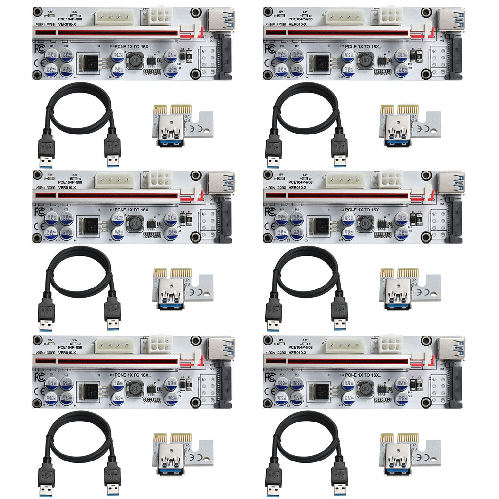 BEYIMEI PCI-E 1X to 16X Riser Card,GPU Riser Adapter Card,with 0.6 m USB 3.0 Extension Cable,6PIN / 4PIN / SATA Interface, for Bitcoin & Crypto Mining Ethereum Mining ETH(VER010-X, 6 Pack) PCI-E 1X to 16X Riser Card(VER010-X)