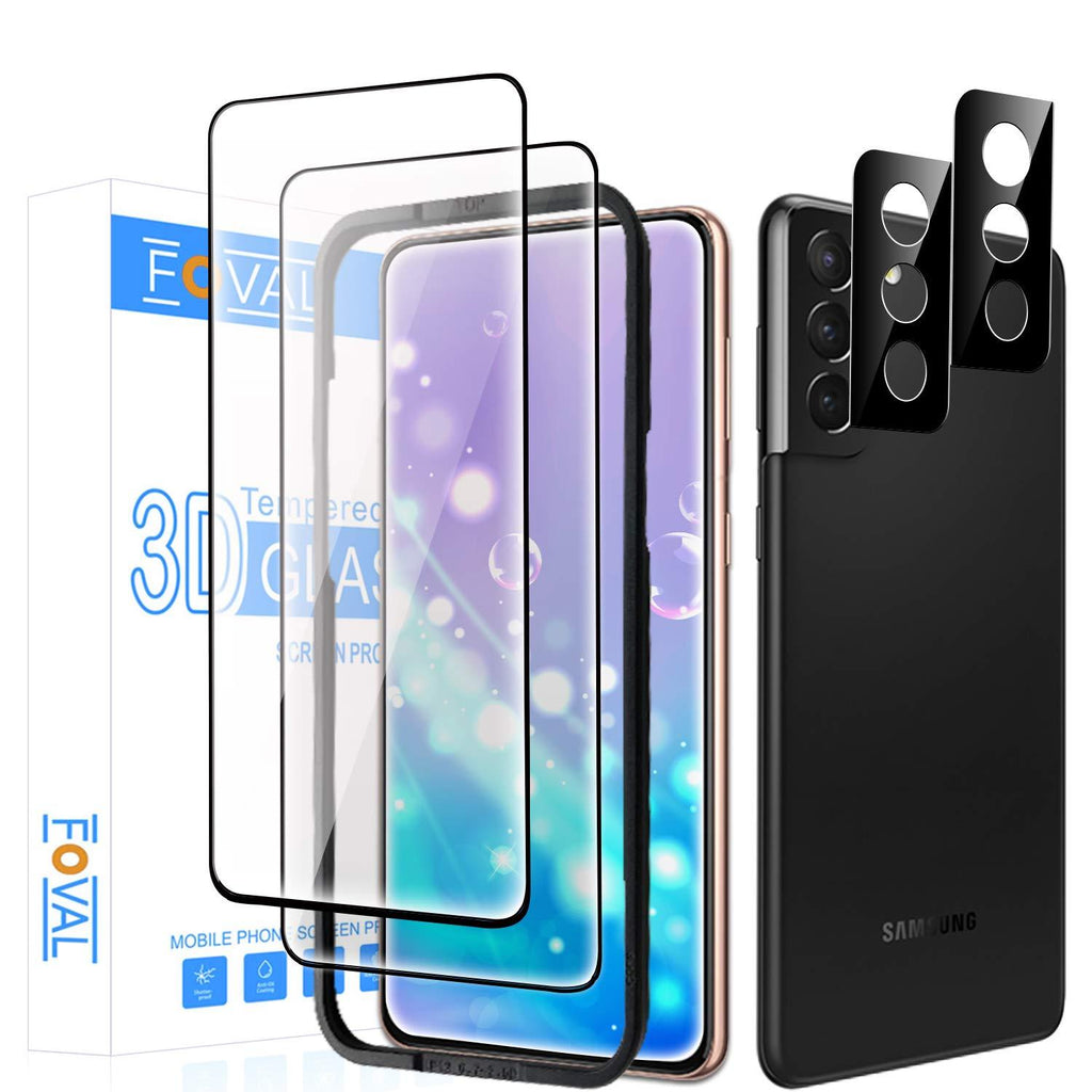 (2+2 Pack) For Samsung Galaxy S21 Screen Protector 5G Tempered Glass (6.2")(Full Coverage)(Not for Plus or Ultra) + Camera Lens Protector, (100% Support Fingerprint Unlock) [Case Friendly]