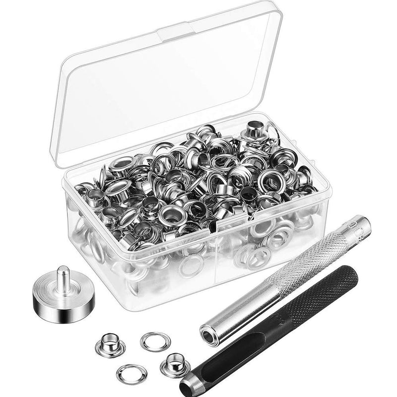 Grommet Tool Kit, Qtopun 100 Sets Grommets Eyelets with 3 Pieces Instal Tool 1/4 Inch in Inner Diameter Grommet Setting Tool with Storage Box
