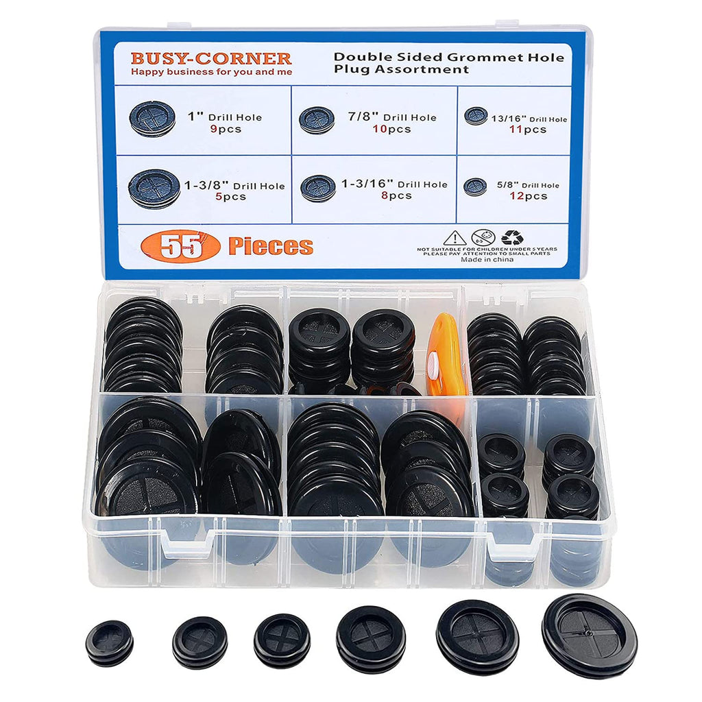 BUSY-CORNER 55 Pieces Rubber Grommet, Double Sided Round Rubber Plug, 6 Sizes, Drill Hole 5/8" 13/16" 7/8" 1" 1-3/16" 1-3/8"