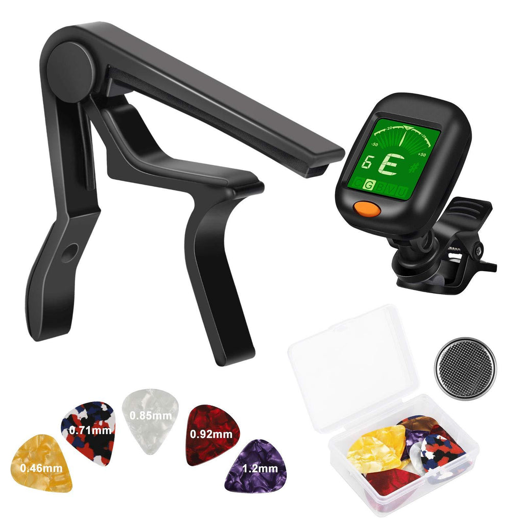 SUNJOYCO Guitar Capo with Tuner Set 28pcs Guitar Tool Kit with Guitar Picks Clip-on Tuner for Acoustic Electric Guitar Bass Ukulele Violin Black Capo Guitar Accessories