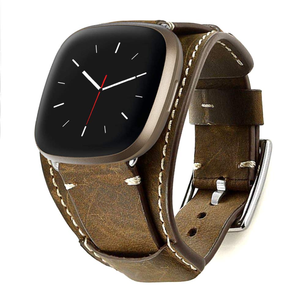 Sjiangqiao Compatible with Fitbit Sense/Versa 3 Bands Genuine Leather Cuff Band Replacement Strap with Stainless Steel Clasp Compatible for Fitbit Versa 3 Sense Accessories for Men Women(Coffee)