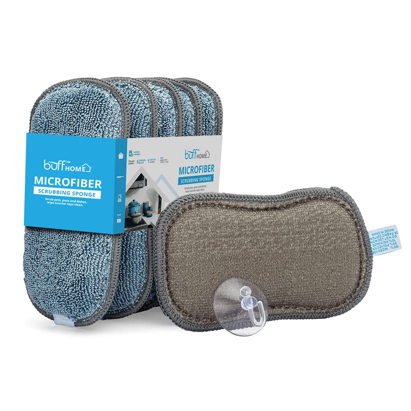 [AUSTRALIA] - Microfiber Sponge for Kitchen (6 Pack) - Suction Cup Hook Included , Reusable , Washable Dish Sponges with Scrubber, Refills, Scrubbing Side, Non-Scratching, Multi-Purpose, Scouring 