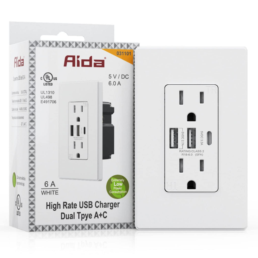 AIDA USB C Outlet Receptacle, 30W 6.0Amp Type A and Type C Fast Charge USB Outlets with 15Amp Tamper Resistant Wall Outlet ( White, 1 Pack ) 15Amp&TypeAAC