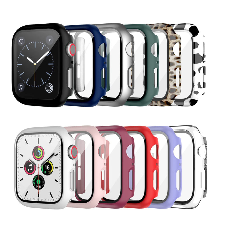 12 Pack Case with Tempered Glass Screen Protector for Apple Watch 40mm Series 6/SE/Series 5/Series 4, Cuteey Full Mate Leopord Cow Pattern PC Cover for Iwatch 40mm Accessories (12 Colors, 40mm) 40 mm