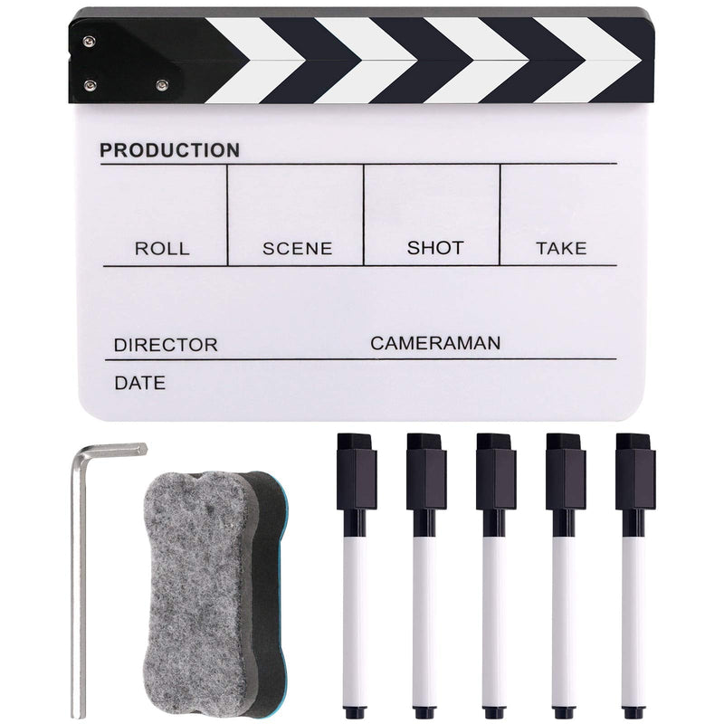 Keadic Movie Film Clap Board, Black and Acrylic Directors Clapboard with 5 Pcs Erasable Pen and Chalkboard Eraser, 10 x 12'' Photography Studio Video TV Cut Action Scene Clapper Board