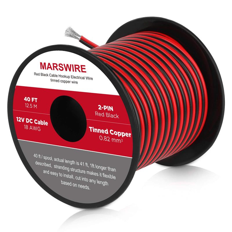 [AUSTRALIA] - MARSWIRE 18 Gauge awg 2pin Electrical Wire, DC 12V LED Light Wire Auto Hookup Wire Copper Cable, with Spool for LED Lamp Light TV Auto (40FT) 40FT 
