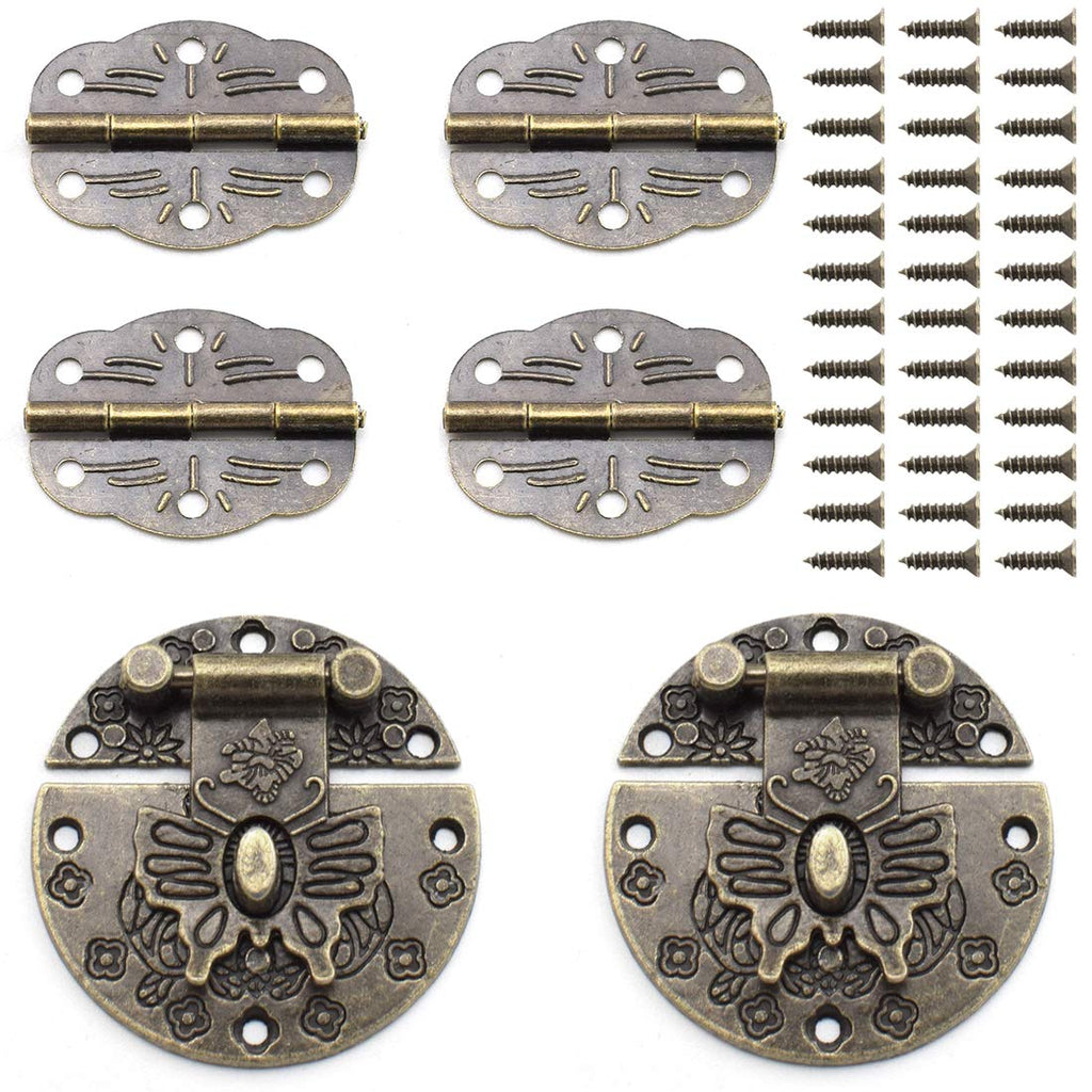 SDTC Tech Antique Butterfly Pattern Round Hasp Latch with Padlock Hole and Oval Hinges for Repairing or Decorating Jewelry Box Cabinet Drawer (2X Hasp + 4X Hinges)