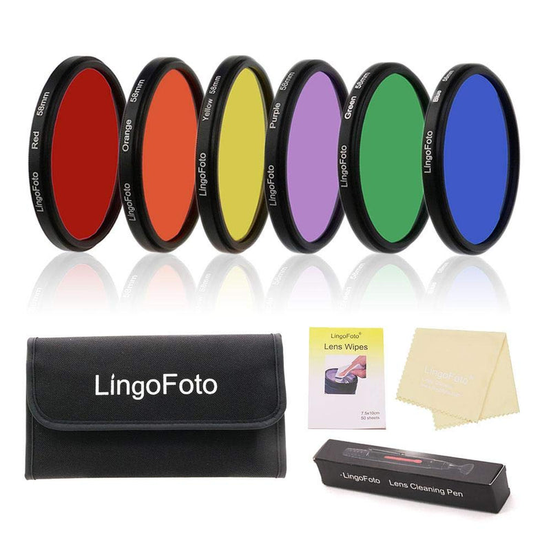 LingoFoto 6pcs Round Full Color Lens Filter Set Red Orange Yellow Green Blue Purple+ 6 Pockets Filter Pouch+3 Lens Cleaning Tool (58mm) 58mm