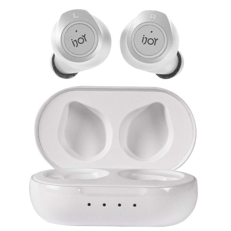 Premium Gravity TWS Earbuds by iJoy - Wireless Bluetooth 5.0 Compatible in-Ear Headset with Built-in Mic & Portable Recharging Case - IPX4 Waterproof & Sweatproof Design for Sports- Long Battery Life WHITE