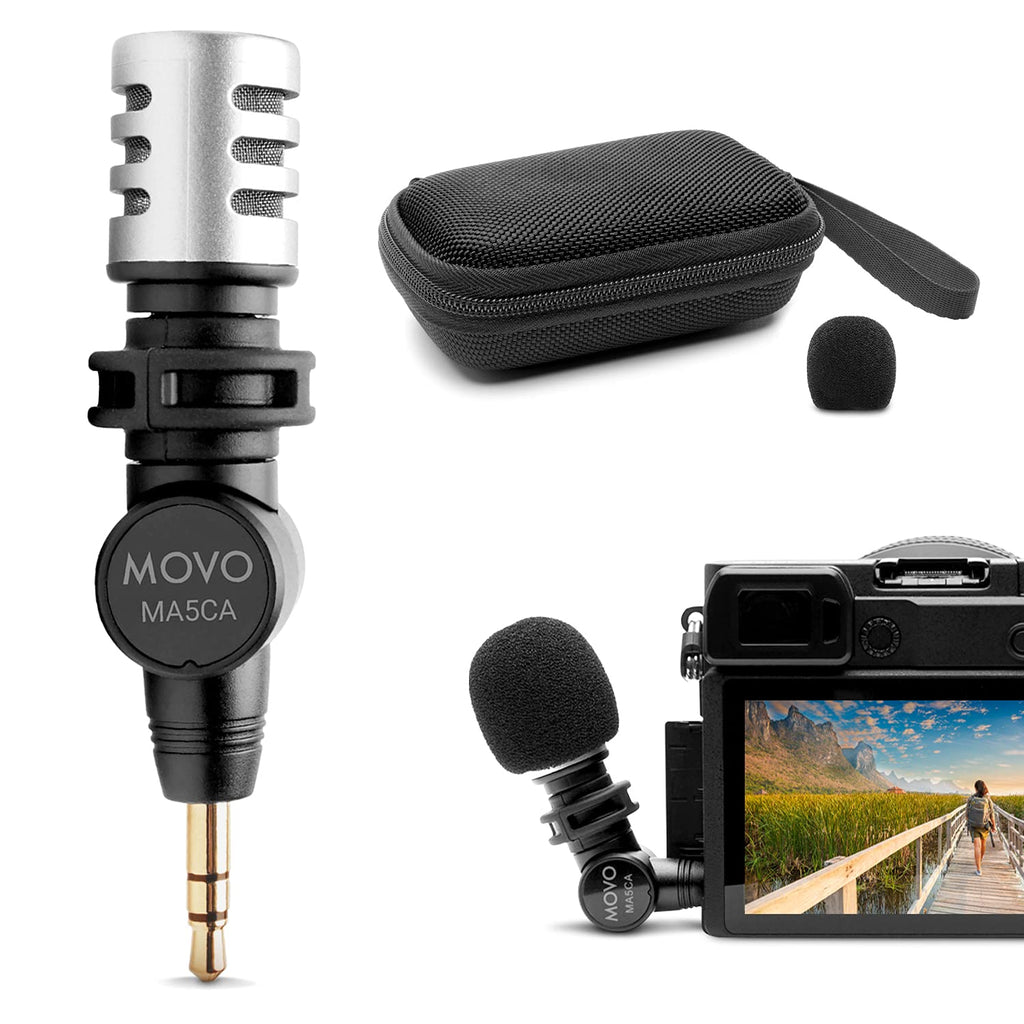 Movo MA5CA 3.5mm TRS Mini Microphone for Camera - Mini Mic for Camera and Camcorder - Video Camera Microphone with 180° Rotation - Pocket-Size Camera Mic for Travel Vlogs and Street Videography
