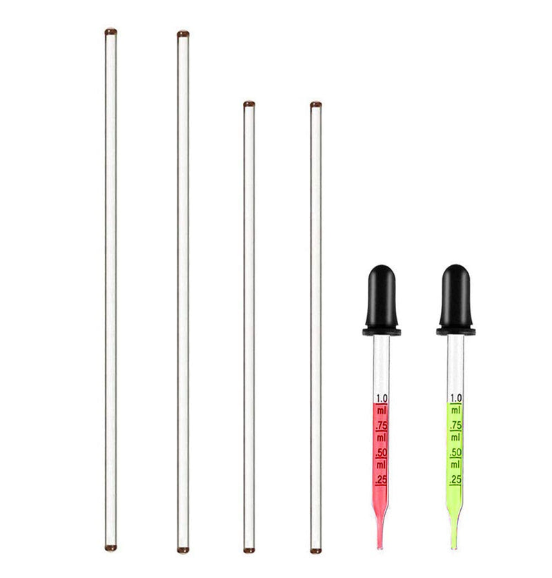4PCS Glass Stir Sticks Lab Glass Stirring Rod 8"X2 10"X2 with Both Ends Round and 2PCS Glass Graduated Droppers 4"X2 for Science Lab, Kitchen Science Education (6) 6