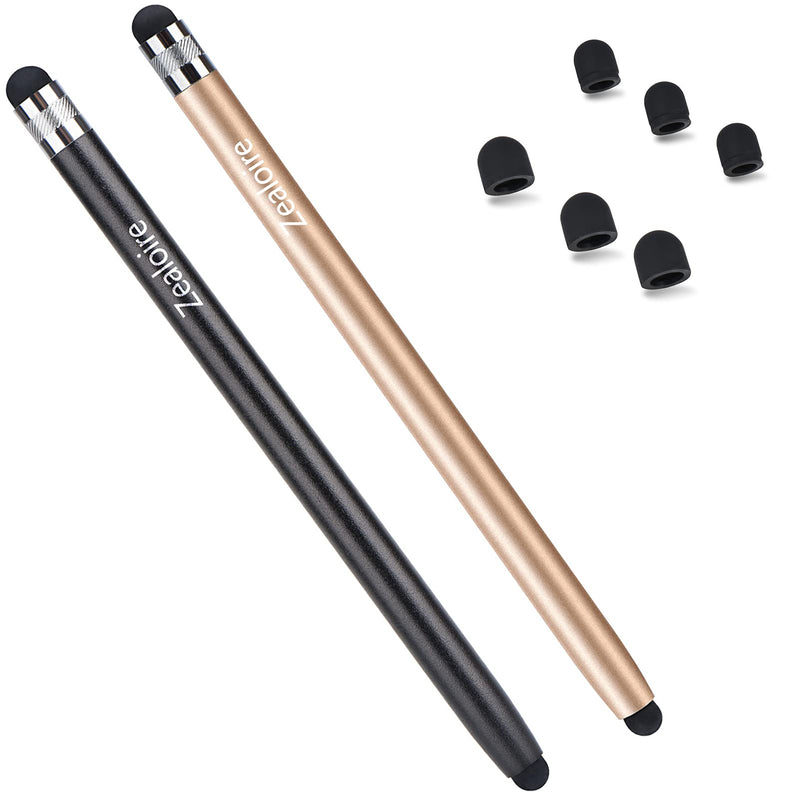 Zealoire Stylus Pens for Touch Screens (2 Pcs), Sensitivity Capacitive Stylus 2 in 1 Touch Screen Pen with 6 Extra Replaceable Tips for iPad iPhone Tablets Samsung Galaxy All Universal Touch Devices Black/Gold