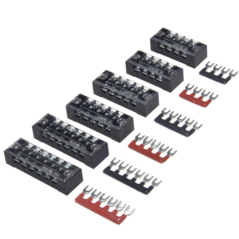 MILAPEAK Terminal Block and Strip - 6 Sets 4/5/6 Positions 600V 15A Dual Row Wire Screw Terminal Strip Block with Cover + 400V 15A Pre-Insulated Terminals Barrier Strips Jumpers (Black & Red) 15A 4/5/6P+Jumpers