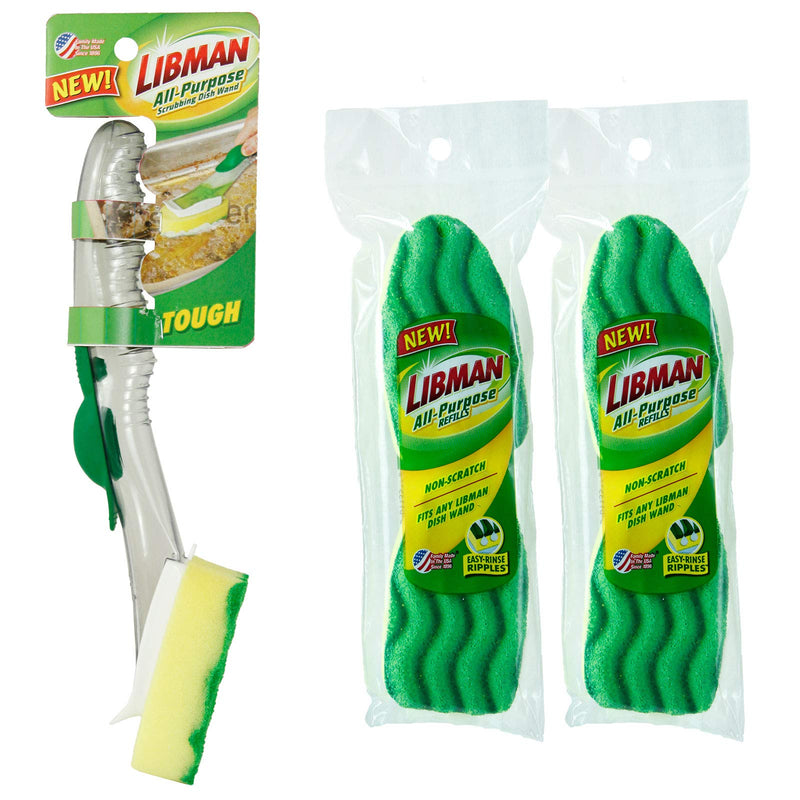 Libman All-Purpose Scrubbing Dish Wand - Fillable, with 4 Multi-Purpose Sponge Head Refills