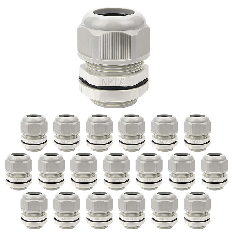 LeMotech 20 Pack NPT 1/2" Cable Glands Waterproof Adjustable 6-12mm Cable Connectors Grey Nylon Joints with Gaskets 1/2inch 20-pack Gray