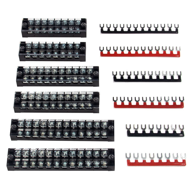 MILAPEAK Terminal Block and Strip - 6 Sets 8/10/12 Positions 600V 25A Dual Row Wire Screw Terminal Strip Block with Cover + 400V 25A Pre-Insulated Terminals Barrier Strips Jumpers (Black & Red) 25A 8/10/12P+Jumpers