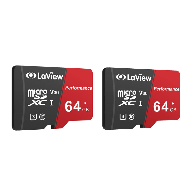 LaView 64GB Micro SD Card 2 Pack, Micro SDXC UHS-I Memory Card – 95MB/s,633X,U3,C10, Full HD Video V30, A1, FAT32, High Speed Flash TF Card P500 for Computer with Adapter/Phone/Tablet/PC