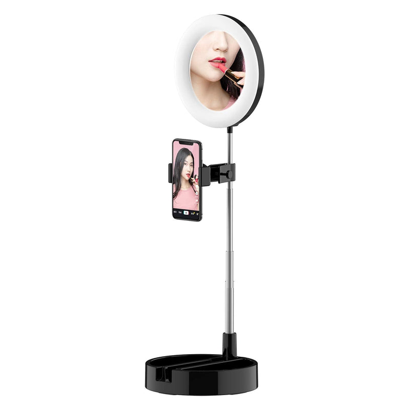 7“ Mini Led Fill-in Light for Make up Live Stream selfi Ring Light with Mirror and Phone Holder for YouTube Video (Black) Black