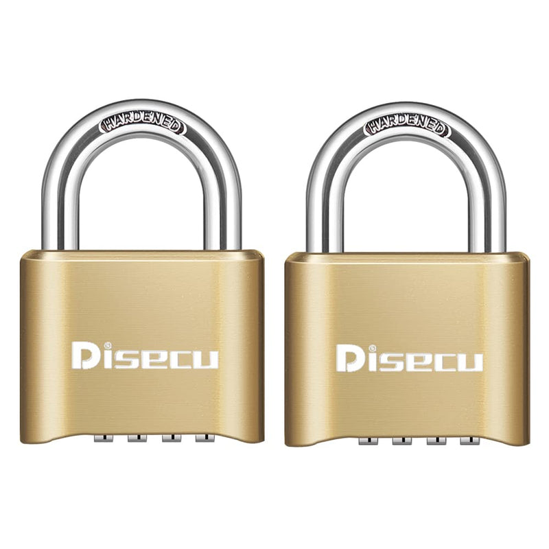 Disecu 2 Pack 4 Digit Heavy Duty Combination Lock 1.3 Inch Shackle Outdoor Waterproof Padlock for Case, Gate, Fence, School Gym Locker, Sports Locker (Brass) Brass
