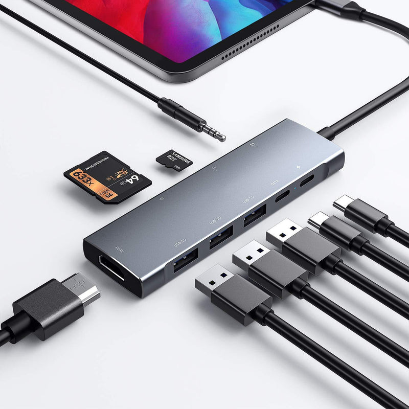 USB C HUB for iPad Pro 9-in-1 Adapter iPad Pro 2021 2020 2018 12.9 11 inch iPad Air 4 Docking Station with 4K HDMI USB-C PD Charging, SD/Micro Card Reader, USB 3.0, 3.5mm Headphone Jack Type C Data