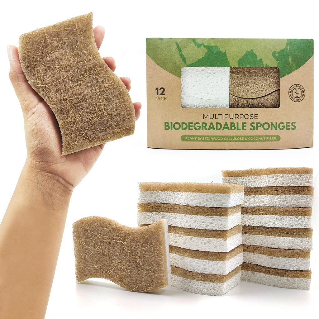 AIRNEX Biodegradable Natural Kitchen Sponge - Compostable Cellulose and Coconut Walnut Scrubber Sponge - Pack of 12 Eco Friendly Sponges for Dishes