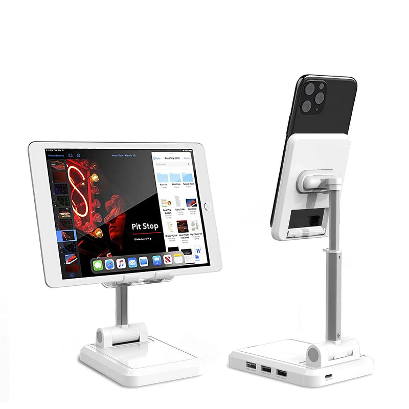 WATERNEST,Tablet Stand Adjustable,Phone Holder, Adjustable Angle Desktop Phone Holder, Mobile Phone Holder with USB Charging Ports, Suitable for iPhone, iPad, Tablet Computers White