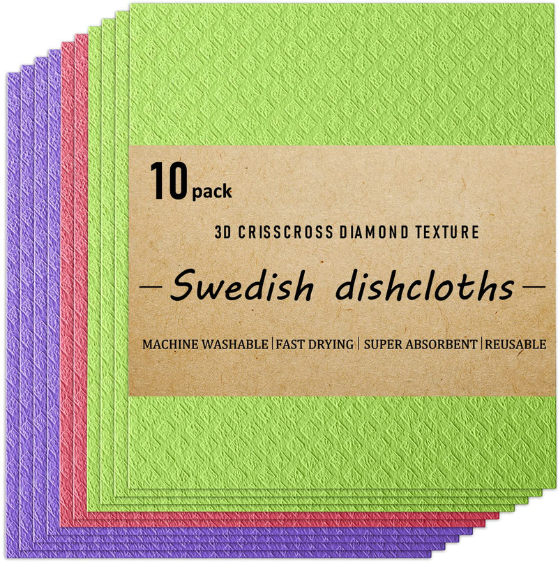 Swedish Dishcloths Cellulose Sponge Cloths for Kitchen, 10 Pack of Eco-Friendly No Odor Reusable Absorbent Quick Dry Dish Rag Cloth, Cleaning Towels for Washing Dishes (Assorted) Assorted