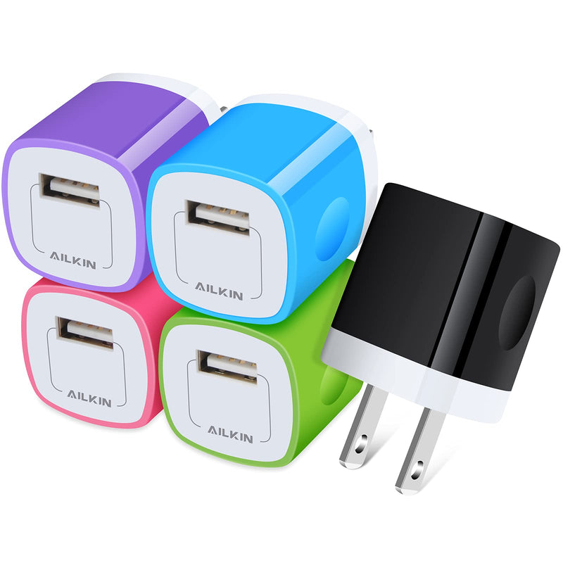 USB Charger Plug, Wall Chargers Block, AILKIN 5Pack 1A 1-Port Wall Outlet Adapter Block Cube Box for iPhone 12 mini Pro Max/11/X/XR/XS Max/8, Samsung Galaxy S21/S20, Motrola, OnePlus, LG, Google Pixel Multi-colored(black)