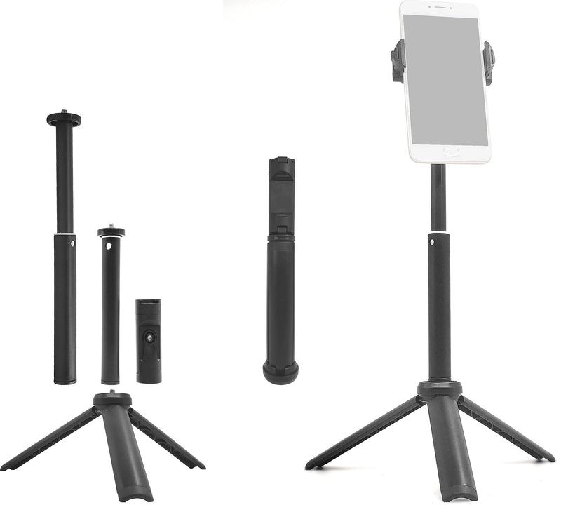 Extendable Tripod Stand Desktop for Phone or Webcam 16.5in Cabable of Portrait and Landscape Mode and Adjustable as Flat or 30 Degrees with 360 Rotation, Mini Portable 9.5in to Carry for Outdoor.