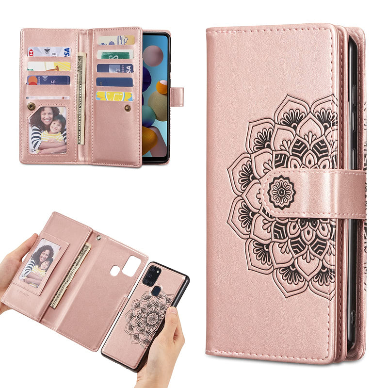 EYZUTAK Mandala Wallet Case for Samsung Galaxy S21 Ultra 5G,Detachable 2 in 1 PU Leather Flip Case with Magnetic Button Lanyard (9Card Slots+3Pockets+1Driver's License Pocket)-Rose Gold Rose gold