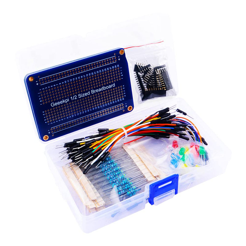 GeeekPi Electronic Fun Kit,with 3PCS Half Sized Breadboard Cable Resistor LED Potentiometer for Electronic Learning Kit, Compatible with Arduino IDE, UNO R3, MEGA2560, Raspberry Pi Range(Blue) Blue