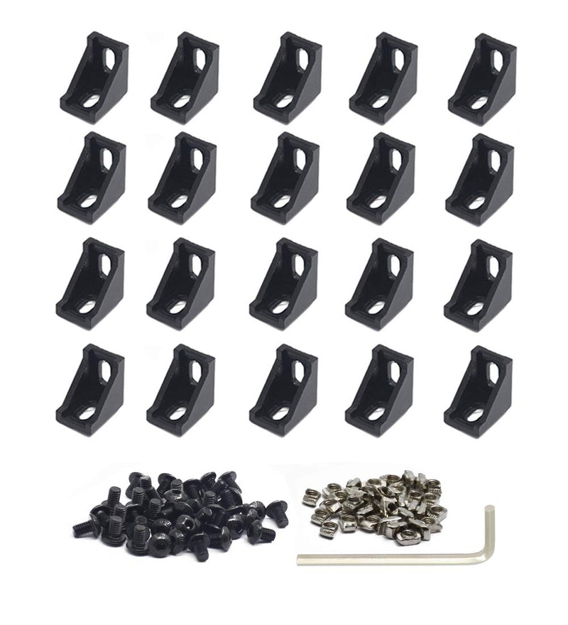 Iverntech 20pcs Black Aluminum Corner Bracket Connector Inside Joint Plate Fastener with 40pcs M5 T Nuts+40 pcs M5 Screw+1pcs Wrench for Standard 6mm Slot 2020 Series Aluminum Extrusion Profile 20pcs 2028 for 2020
